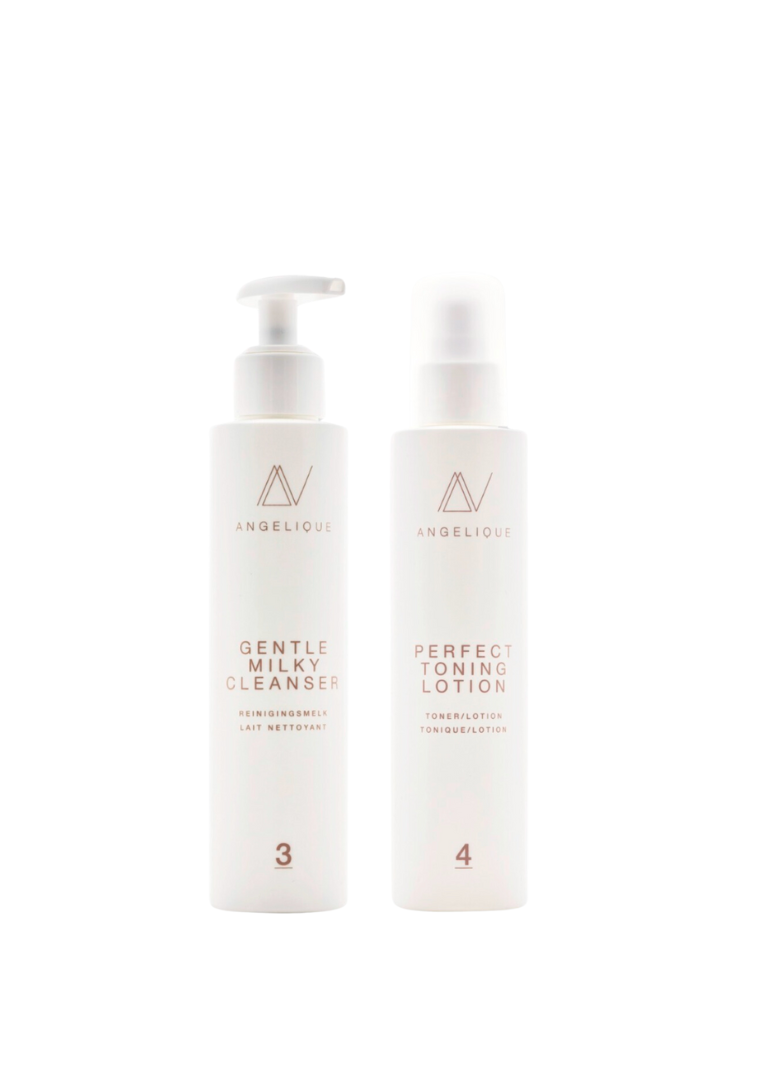 Two skincare bottles labeled 'Gentle Milk Cleanser' and 'Perfect Toning Lotion' on a white background.