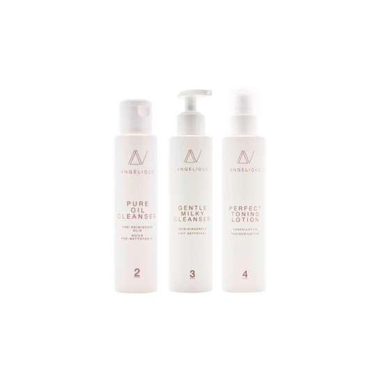 Three skincare bottles labeled 'Pure Oil Cleanser', 'Gentle Oil Cleanser', and 'Perfect Lotion' on a white background.