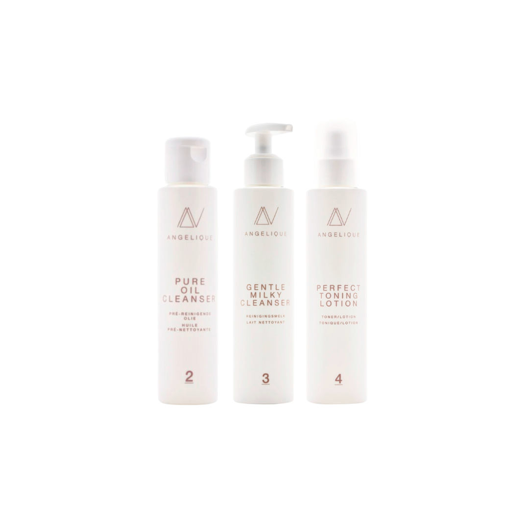Three skincare bottles labeled 'Pure Oil Cleanser', 'Gentle Oil Cleanser', and 'Perfect Lotion' on a white background.