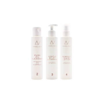 Three skincare bottles labeled 'Pure Oil Cleanser', 'Gentle Oil Cleanser', and 'Perfect Lotion' on a white background.